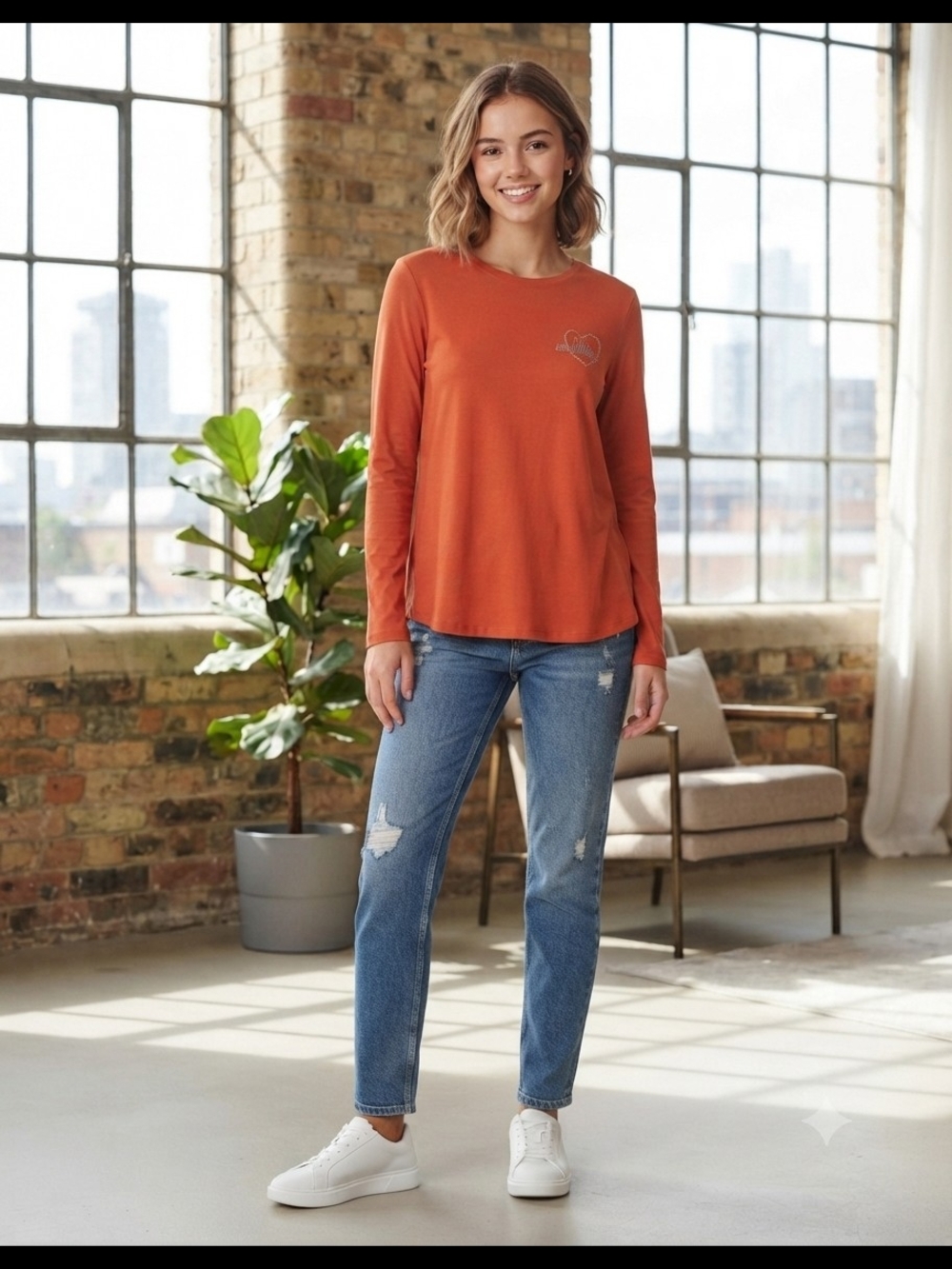 Love Moschino Red Long Sleeve Tee with Crystal Heart Logo
